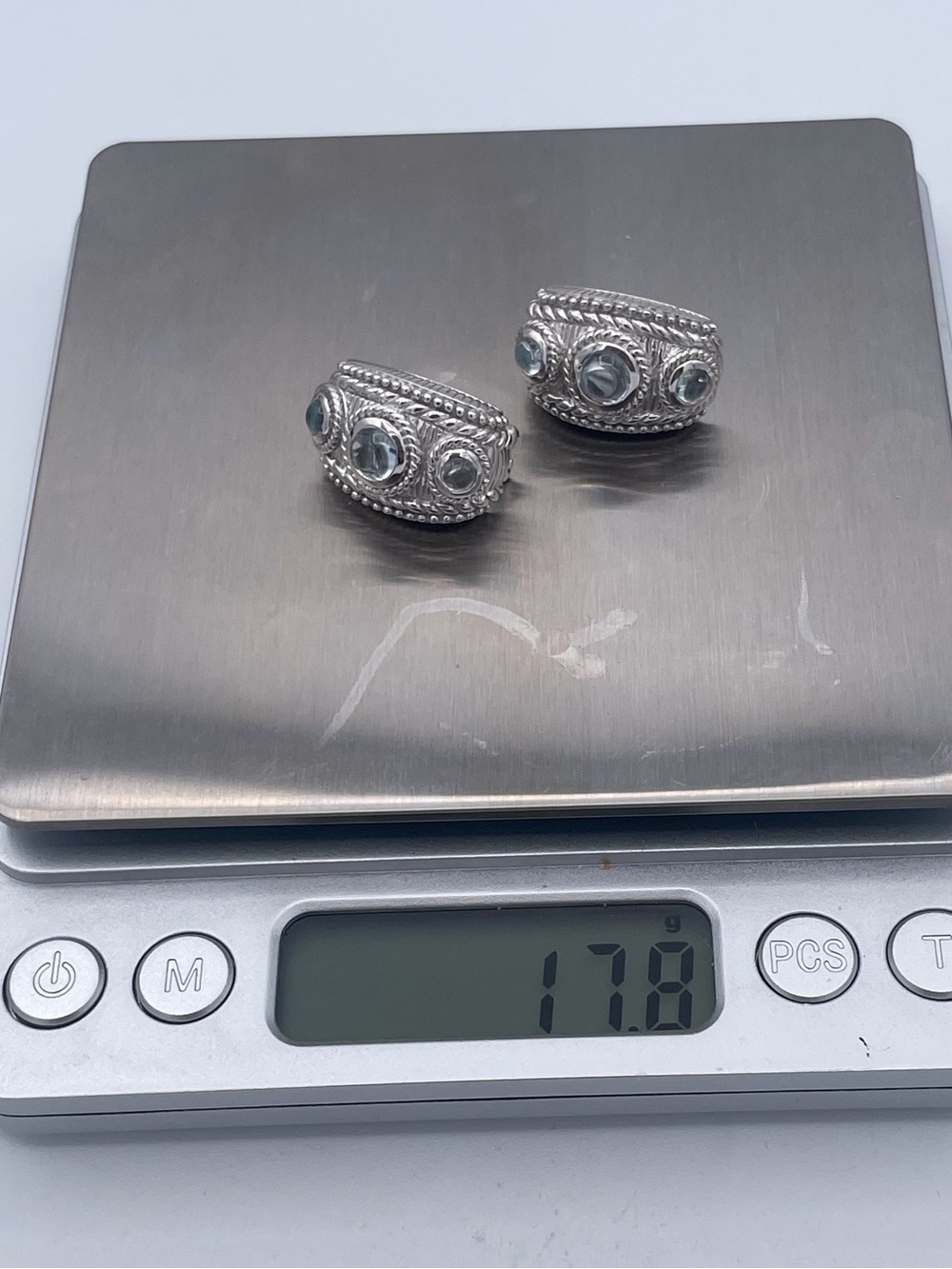 Judith Ripka Sterling Silver 925 Aquamarine Omega Back J-Hoop Earrings Heavy - Picture 8 of 8
